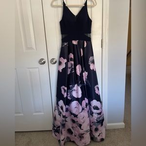 Xscape Navy Blue with Pink Floral Prom Dress Long Gown size 4